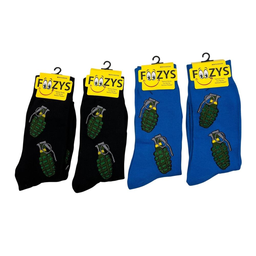 Foozys Socks Mens 6-12 Black Blue Crew Novelty Military Hand Grenade 4 Pairs